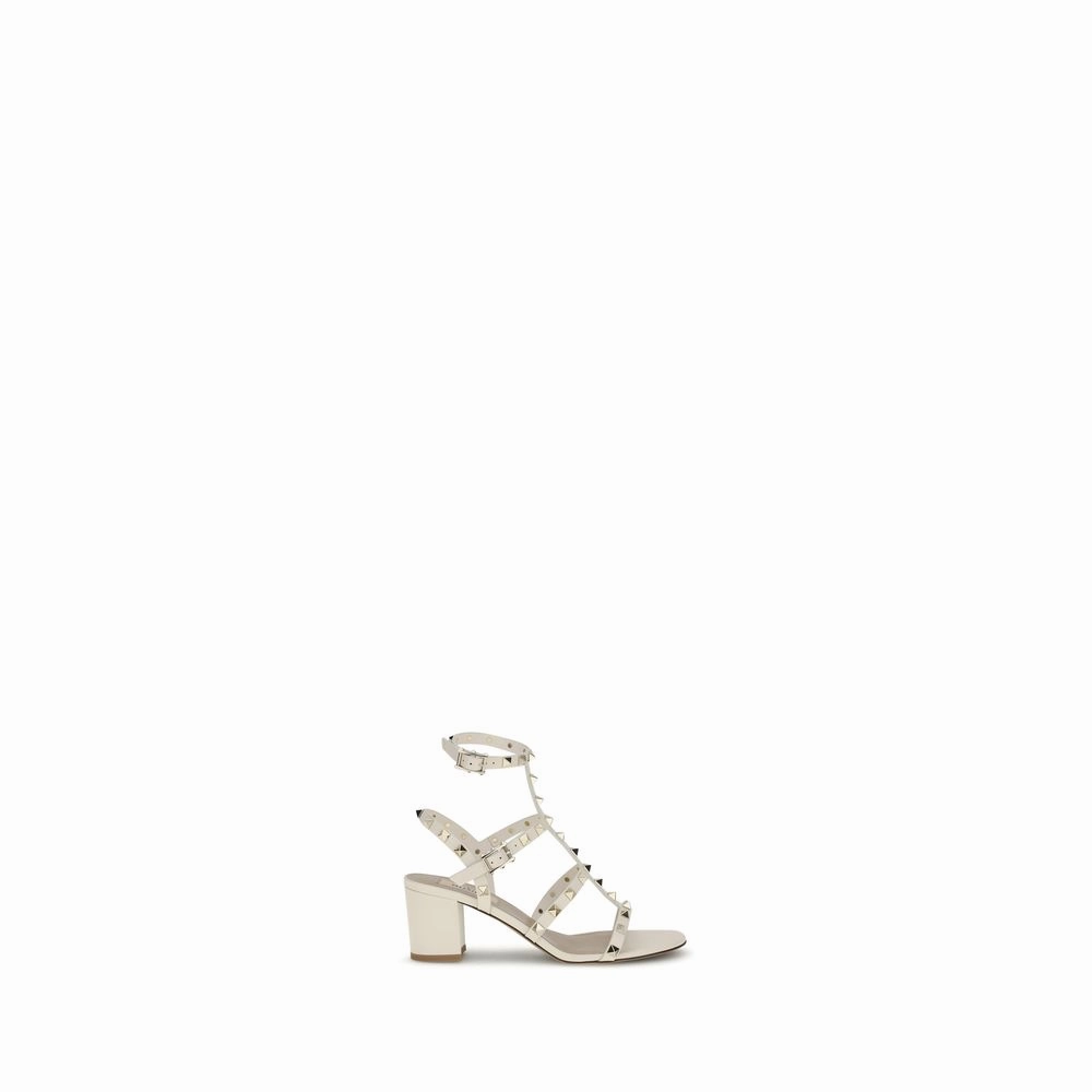 Valentino Garavani Cream Calf Leather Bos Taurus Sandals Mid Heel Sandals
