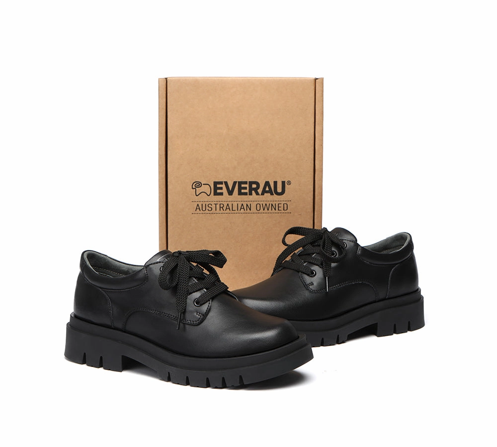 EVERAU Senior Black Leather Large Size Lace Up School Shoes Walking Shoes For Flat Feet And Bunions