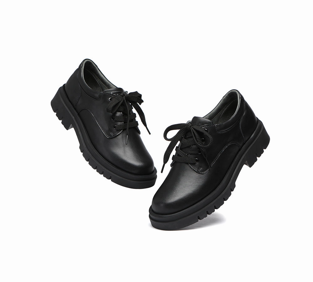 EVERAU Senior Black Leather Large Size Lace Up School Shoes Flat Creeper Shoes