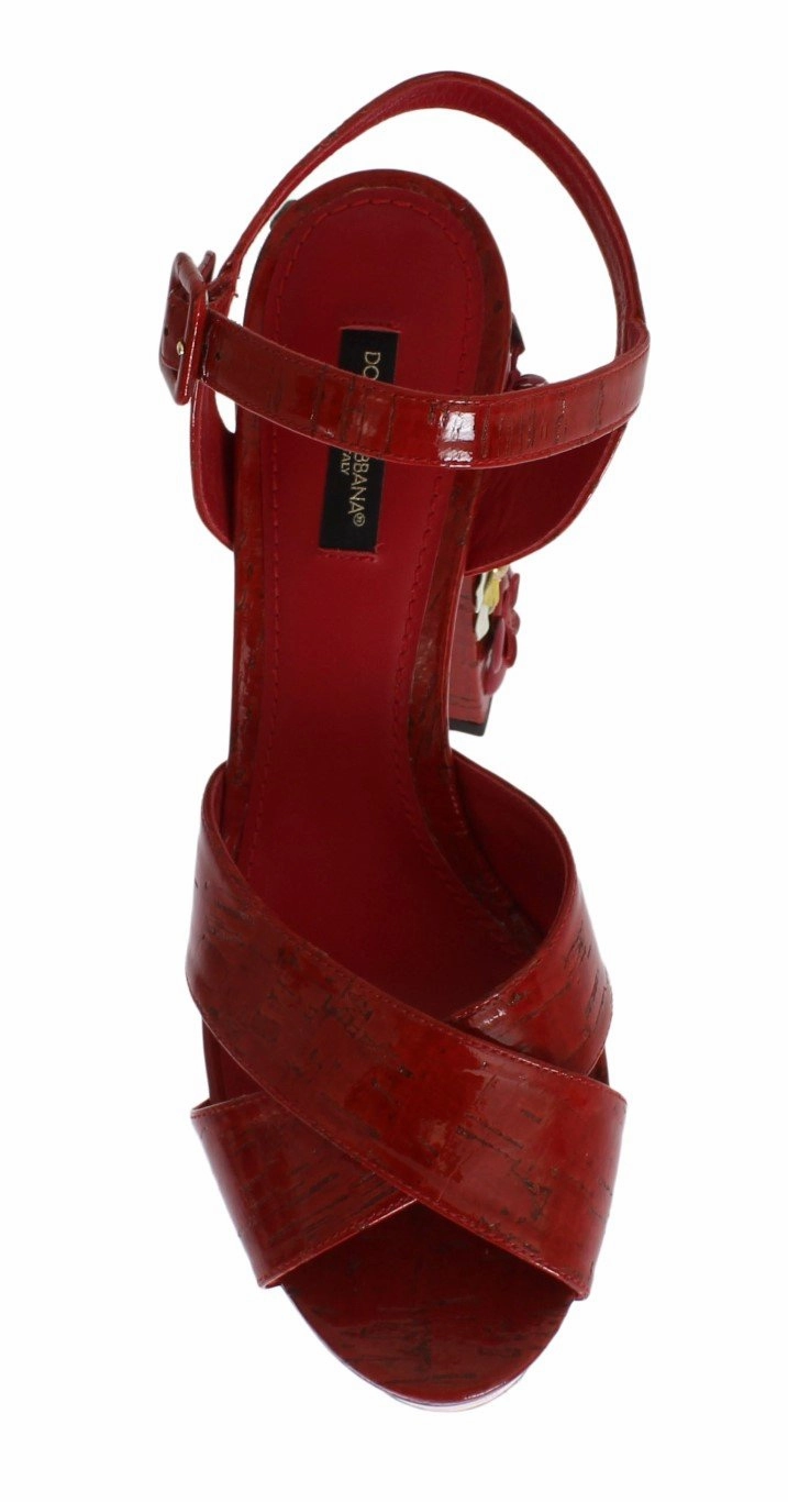 Red Leather Crystal Strap Sandals Sandals Chunky Heel