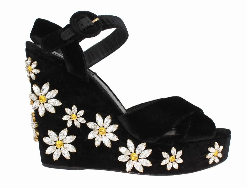 Black Velvet Crystal Wedges Sandals Malibu Sandals