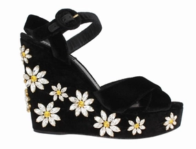 Black Velvet Crystal Wedges Sandals Peep Toe Sandals
