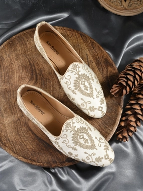 Waris Beige-Gold Mojaris Casual Shoes For Men White