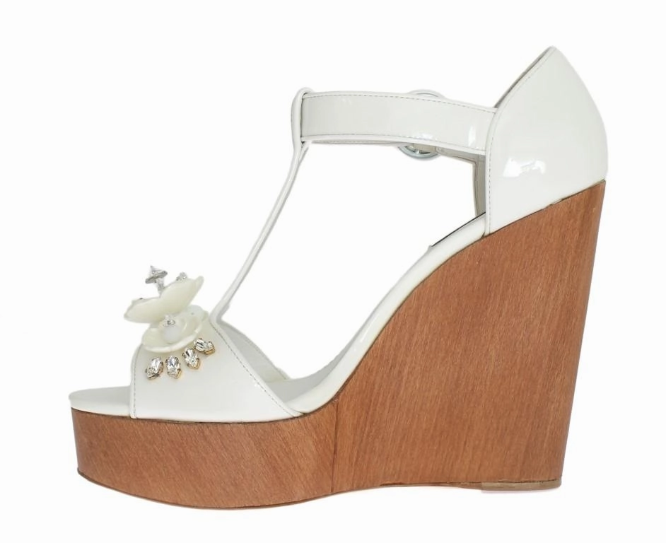 White Leather Crystal Wedges Sandals Formal Dress Sandals