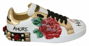 Dolce & Gabbana Shoes Sneakers White Roses Sequined Crystal Womens Sneakers Shoes