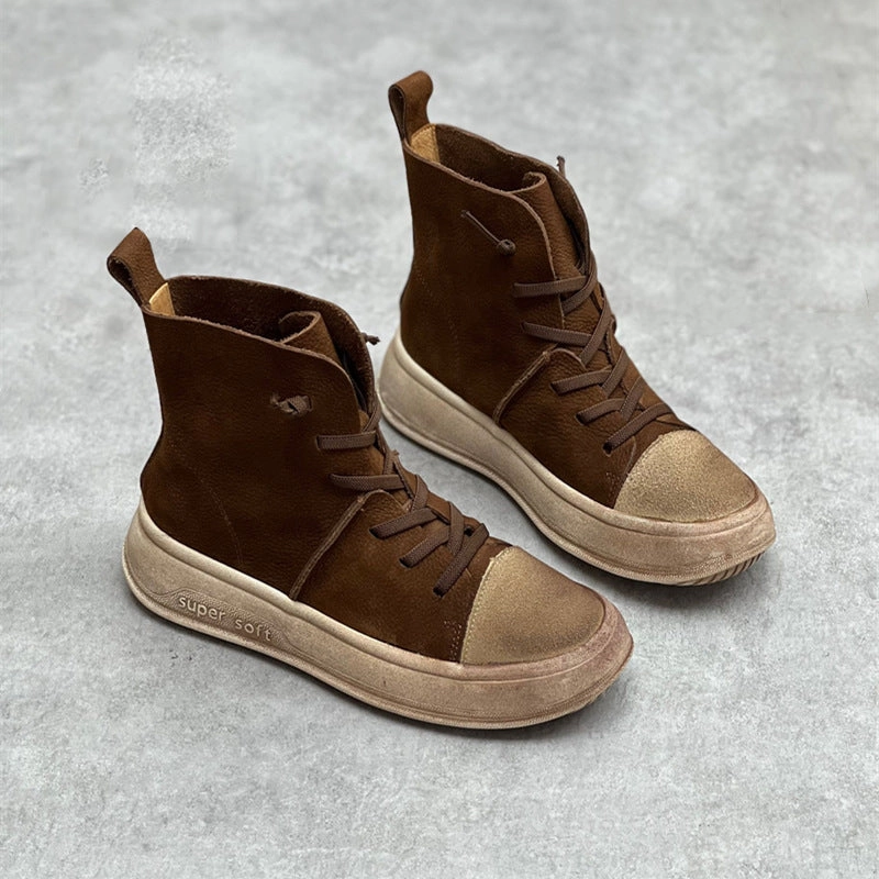 Women Retro Casual Platform Leather Ankle Boots Casual Shoes Wear With Jeans