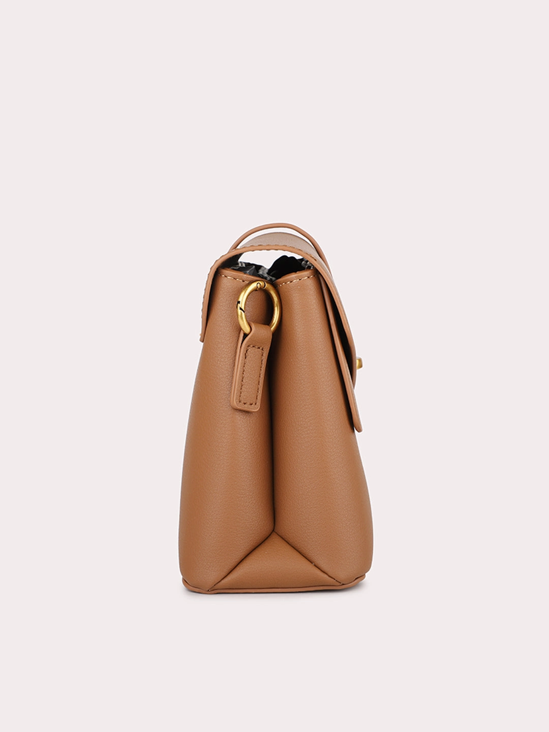 Trendy Casual Stylish Shoes Women Tan Solid Structured Sling Bag with Front Lock Detail