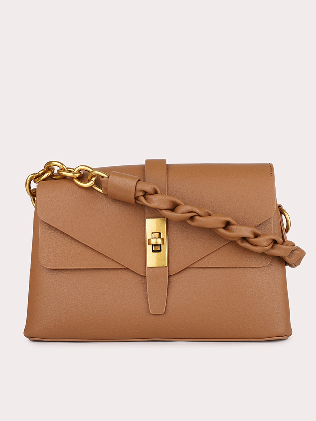 Comfortable Casual Leather Shoes Women Tan Solid Structured Sling Bag with Front Lock Detail