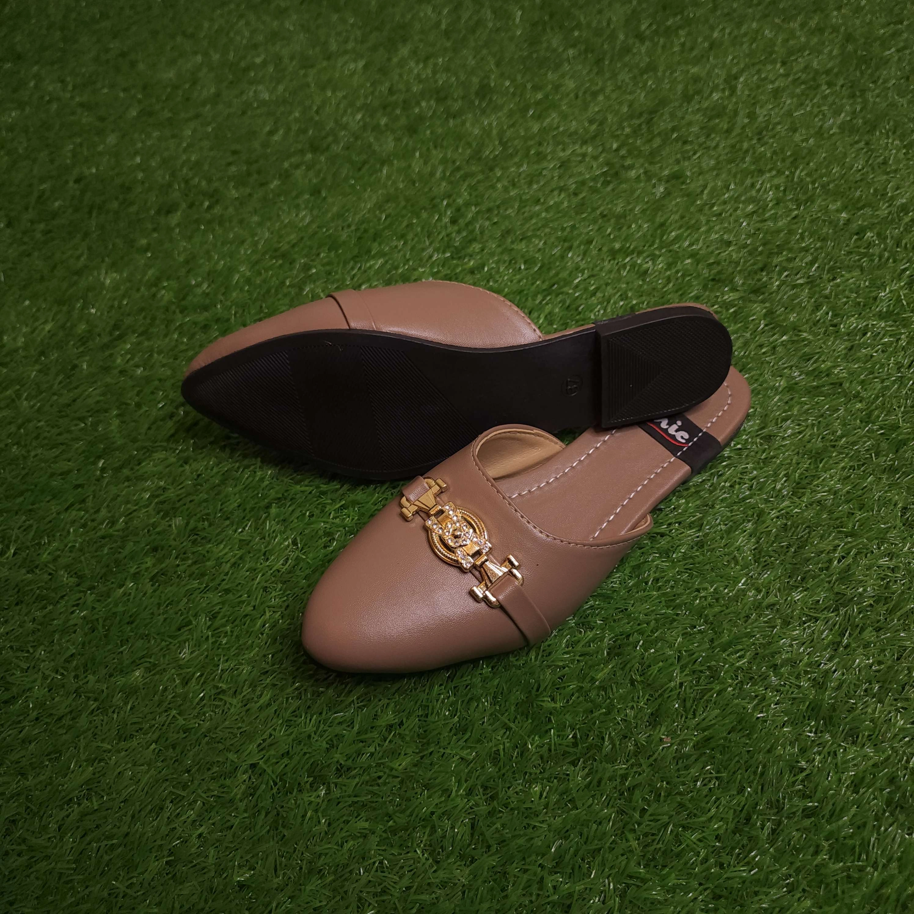 Khaki Buckle Mules in Flat Best Walking Shoes For Flat Narrow Feet