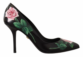 Shamma Sandals Black Leather Roses High Heels Pumps Shoes