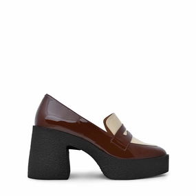 Designer Lug Sole Loafers Yoko Caramel Cream Patent Leather Chunky Loafers