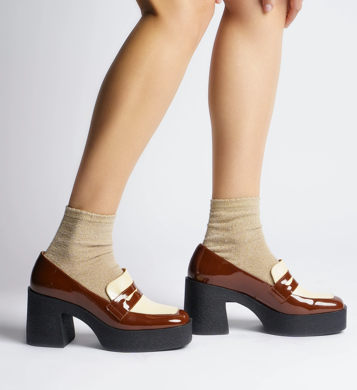 Yoko Caramel Cream Patent Leather Chunky Loafers Suit With Loafers